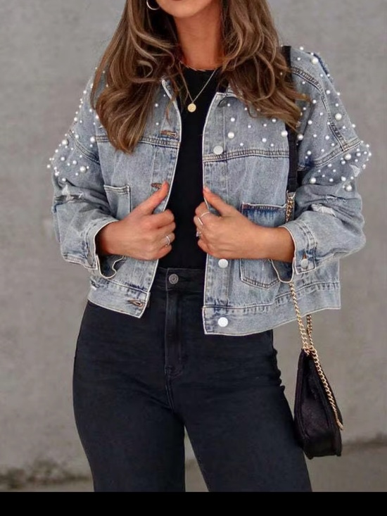 Jackets & Blazers - Women's Pearl-Embellished Light Wash Denim Jacket